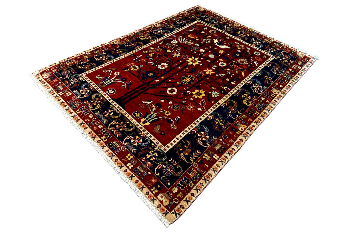 Oriental rug laid out, red center, dark blue border with decorative motifs