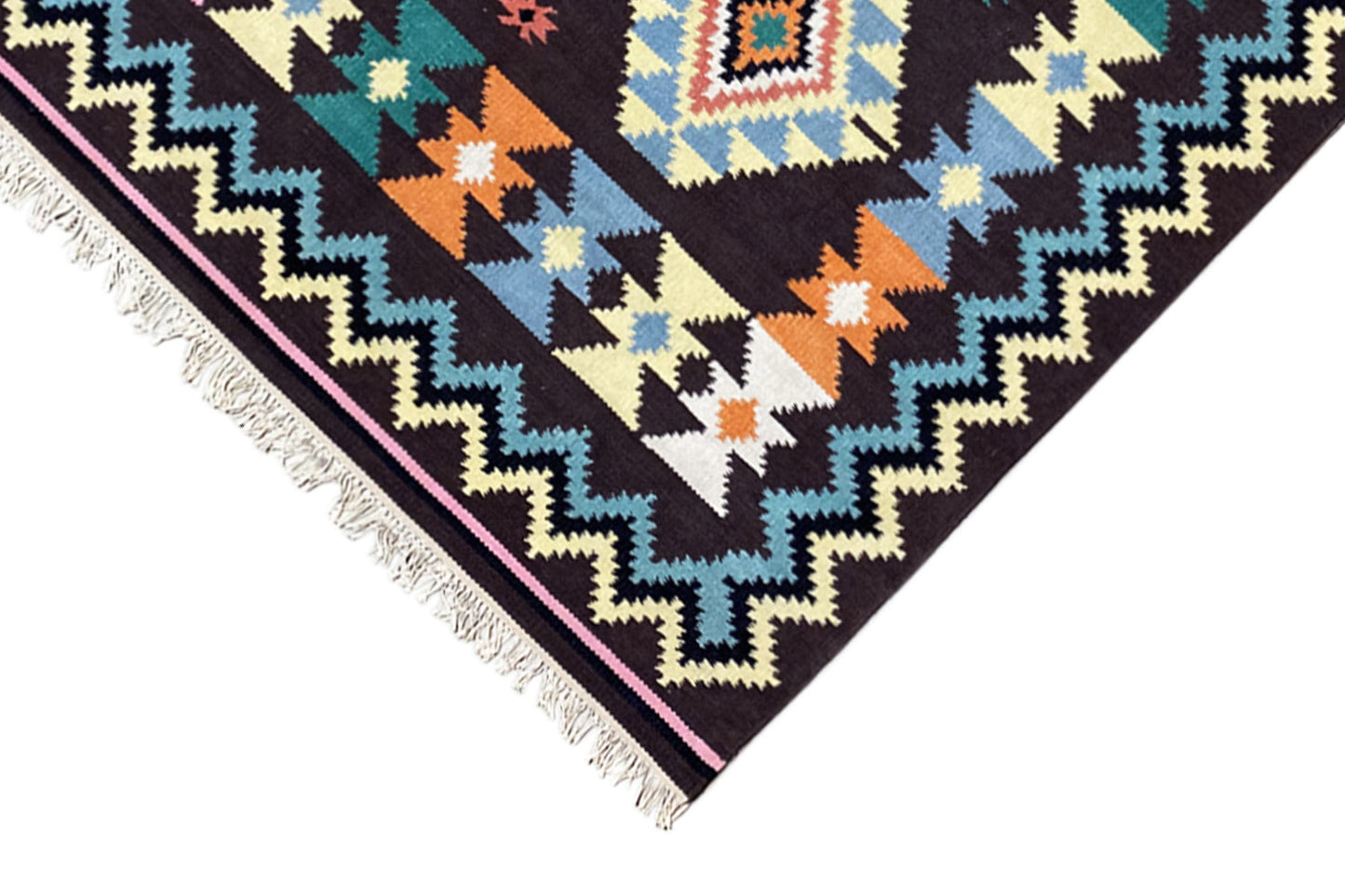 Handgewebter Wollen Kelim Dhurrie Teppich - 240x170cm (8x6ft) - Lebhaftes Tribal-Muster - German Carpet Shop