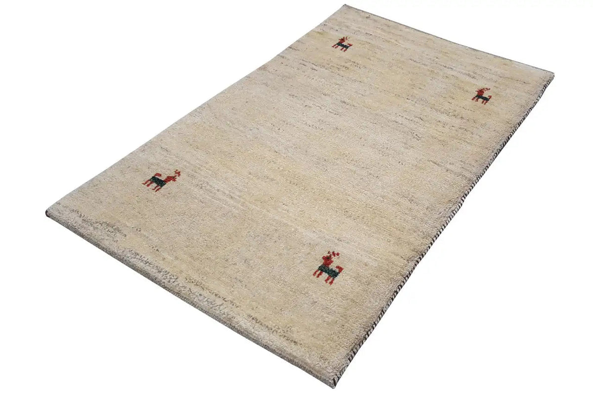 Gabbeh rug 96x60 cm: beige pile, red animal motifs in the field