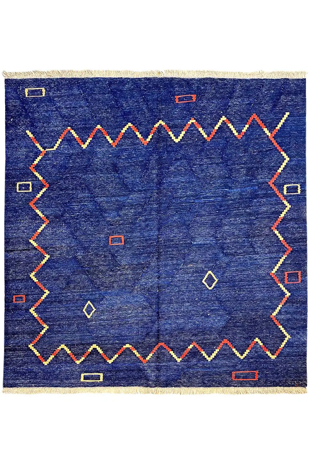 Qashqai kilim rug, blue with a geometric pattern and colorful decorative lines, fringes