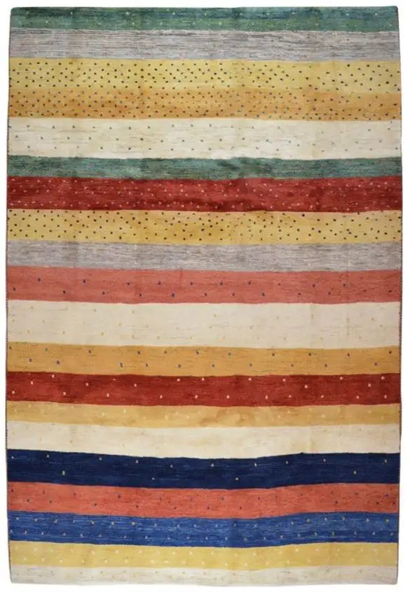 Rectangular Gabbeh rug with horizontal bars in blue, red, green, and beige