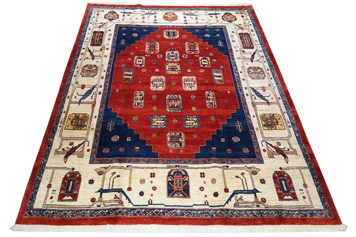 Carpet with a red medallion, blue border, and ornamental borders, large-scale pattern