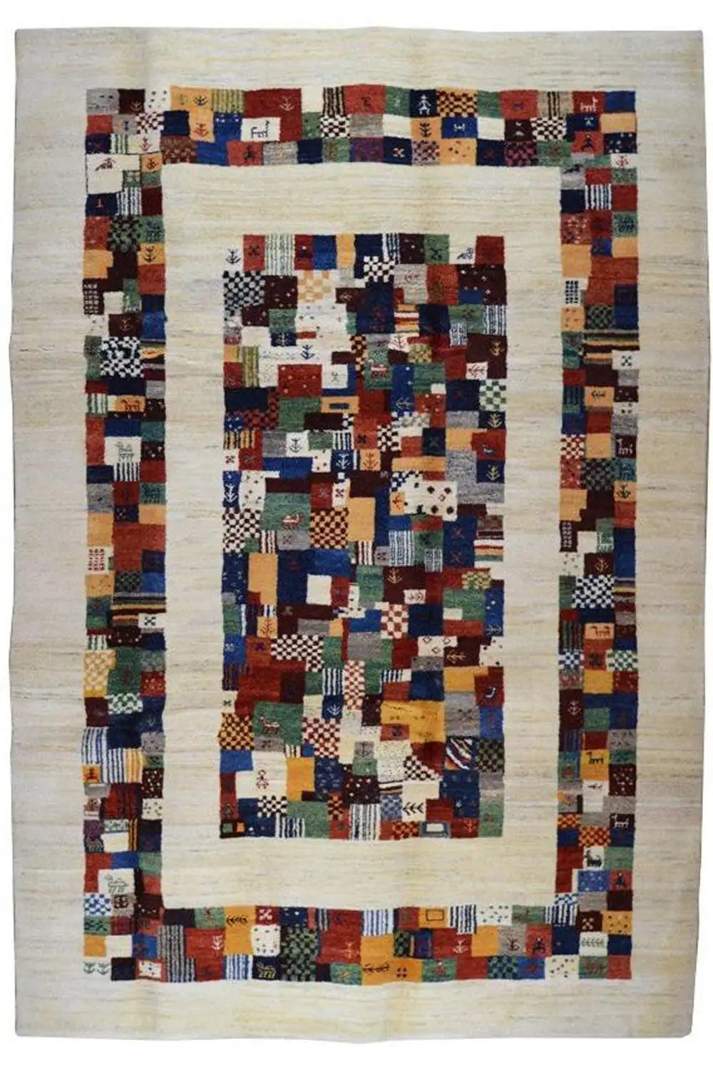 Rectangular Gabbeh rug with a central patchwork square pattern and colorful border