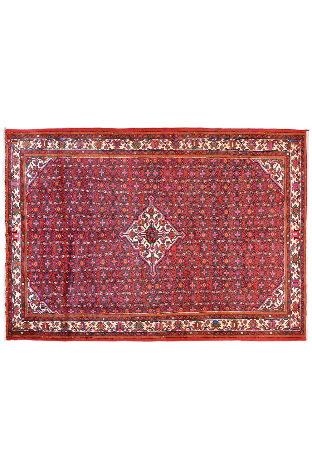 Hamedan oriental rug, red pattern with medallion and red border, rectangular