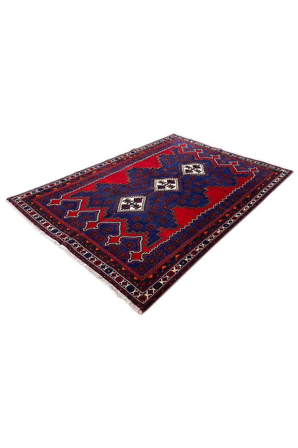 Oriental rug viewed from above, blue pattern with red fields and white decorative borders