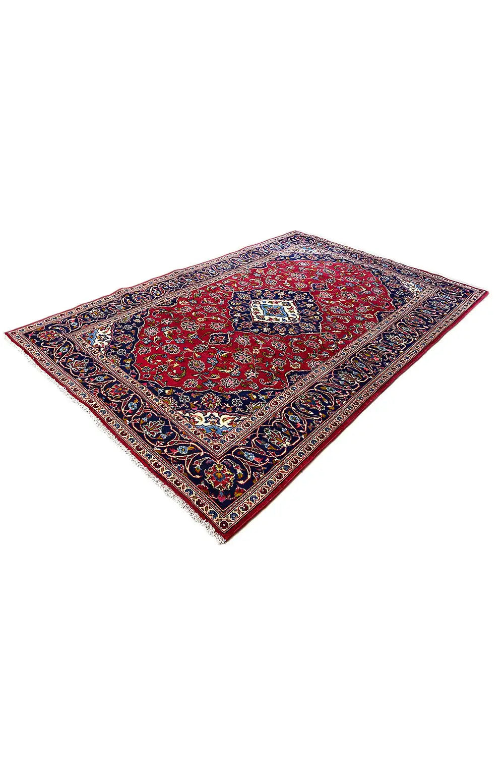 Carpet corner in diamond view: red center, dark blue border edge, and ornaments