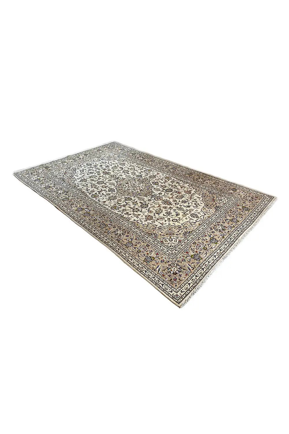 Oriental rug with a beige-brown ground, ornamental border, and central motifs