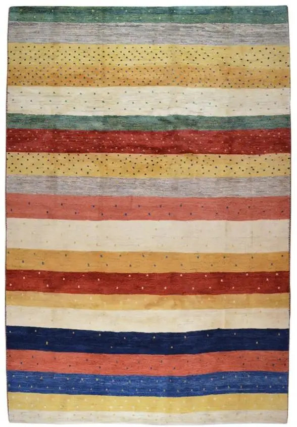 Gabbeh rug with a striped pattern in beige, red, blue, and green