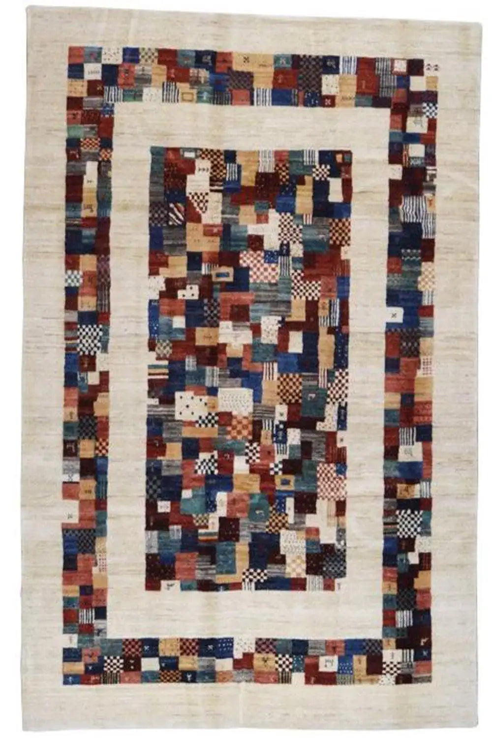 Gabbeh rug with a central medallion of patchwork diamonds, blue/red on beige