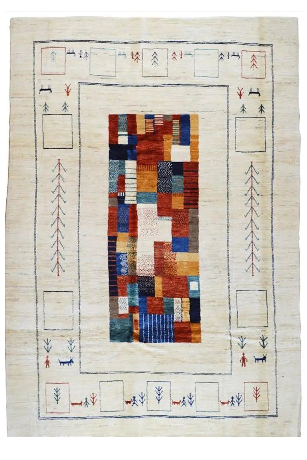 Gabbeh rug shown in full with a central patchwork motif and ornamental border