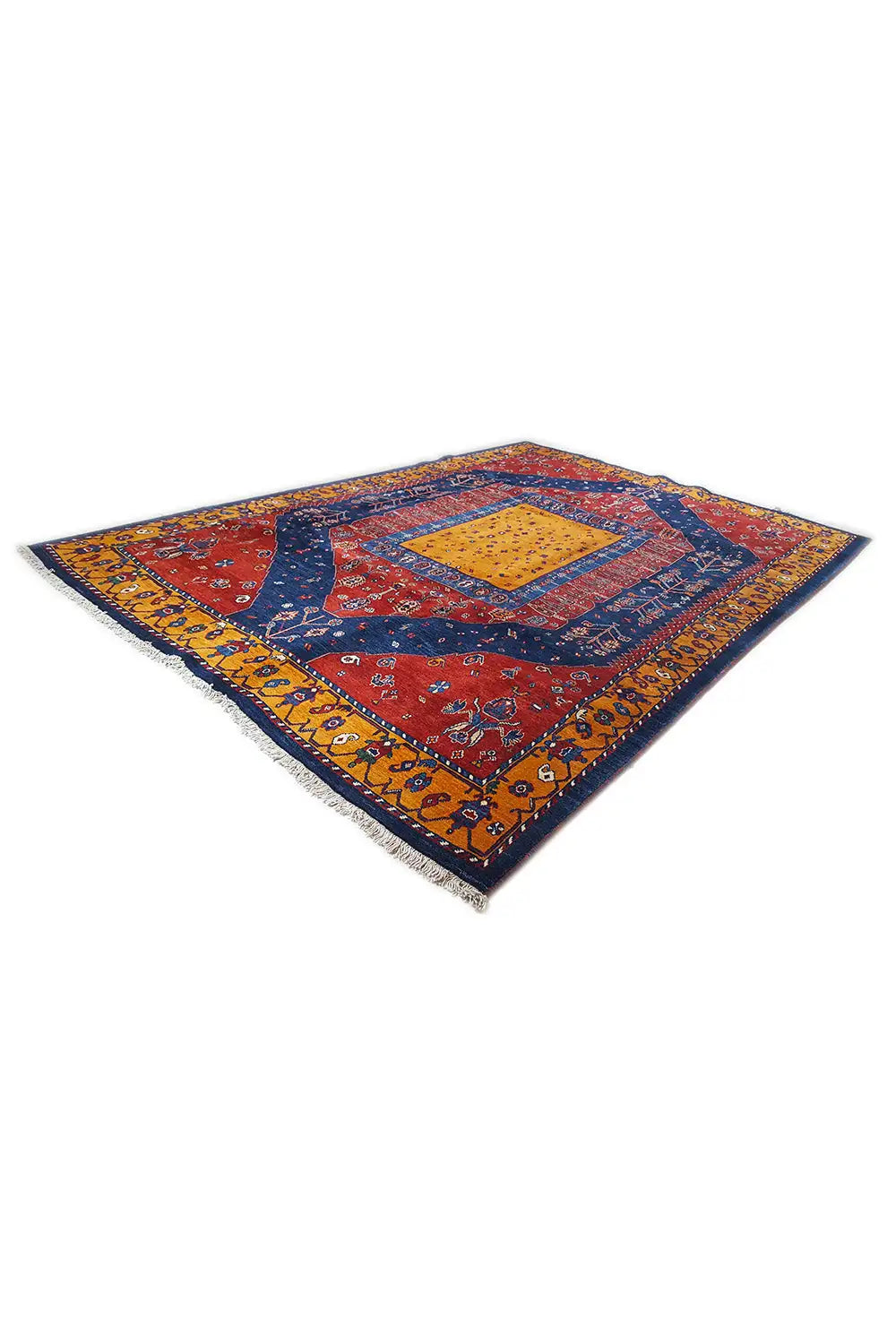 Gabbeh rug diagonal: blue-red ornamental pattern with a yellow central medallion, fringes.
