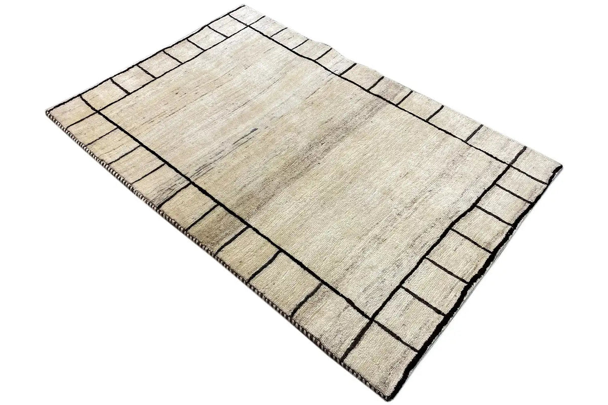 Gabbeh rug in light beige with a dark line grid, 146x98 cm