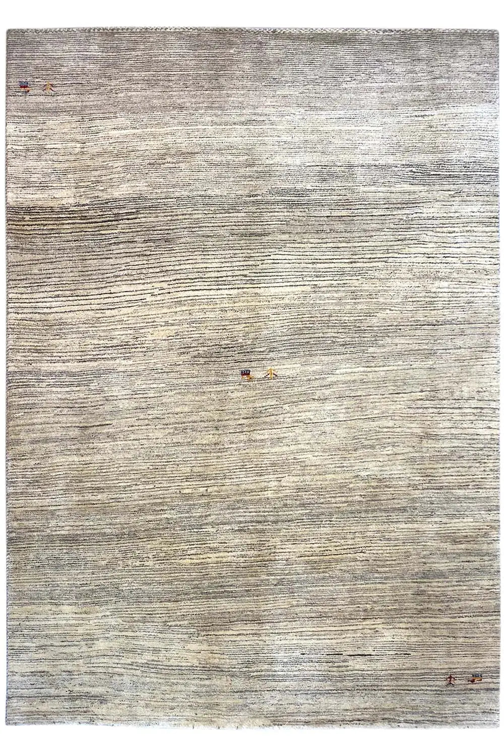 Rug with a rectangular shape, a beige to gray base, and an even linear relief pattern