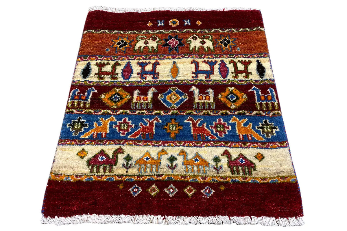 Gabbeh Lori rug, burgundy and beige with blue patterns, fringes, 61x57 cm
