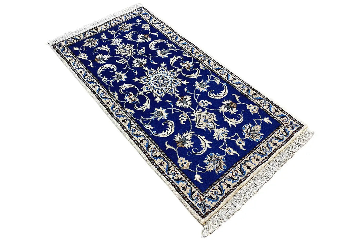 Nain oriental rug, blue vintage ornamental pattern with decorative lines and fringes