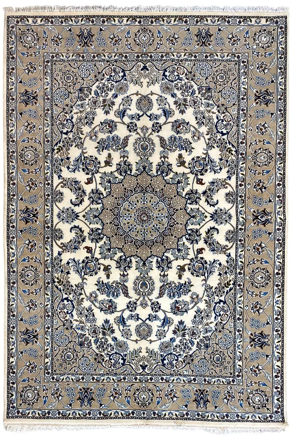 Square-format rug: large blue medallion with tendrils, surrounding decorative border