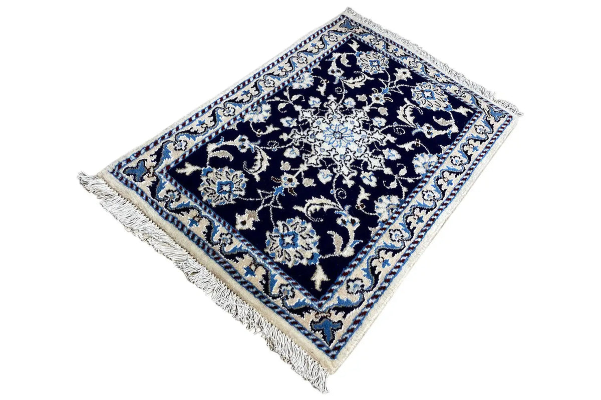 Nain rug 90x59 cm with a fine ornamental design, dark blue with light accents, fringes
