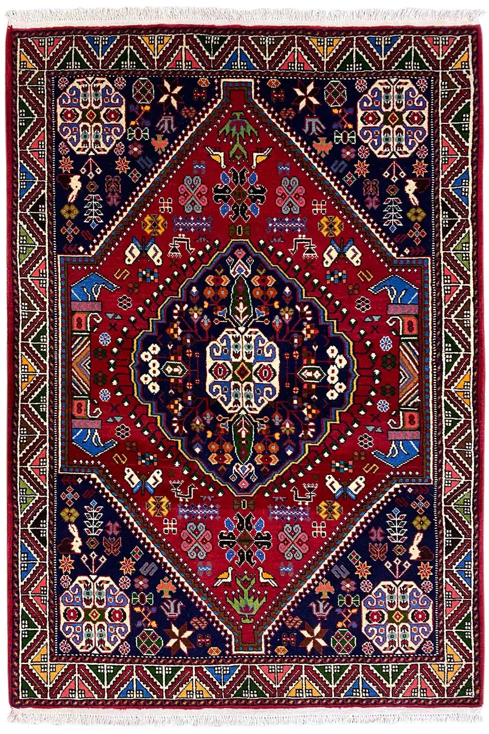 Oriental rug with a red field, dark blue medallions, and a multicolored decorative border