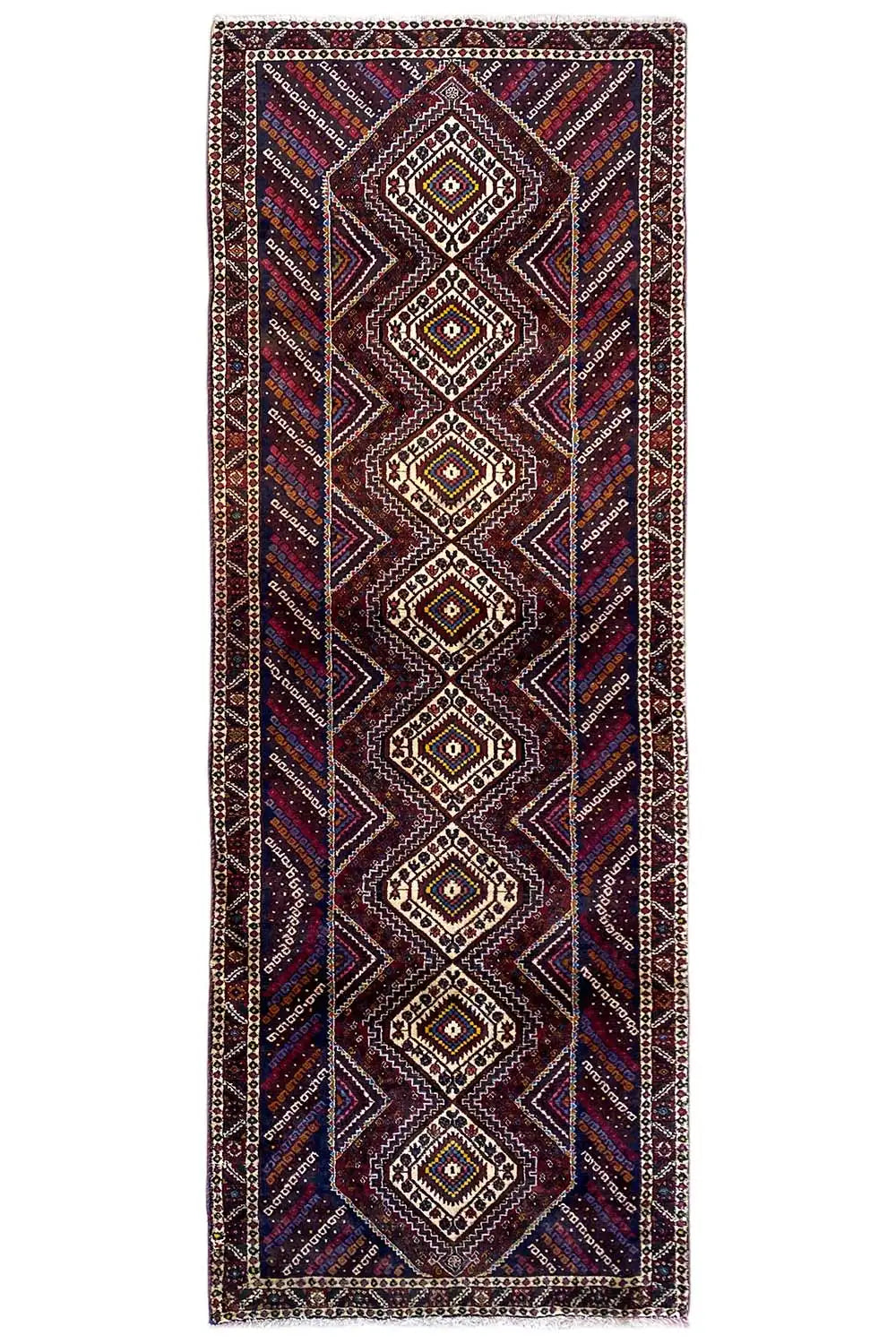 Sirjan runner, rectangular, geometric diamond pattern with a border in shades of red, blue, and cream