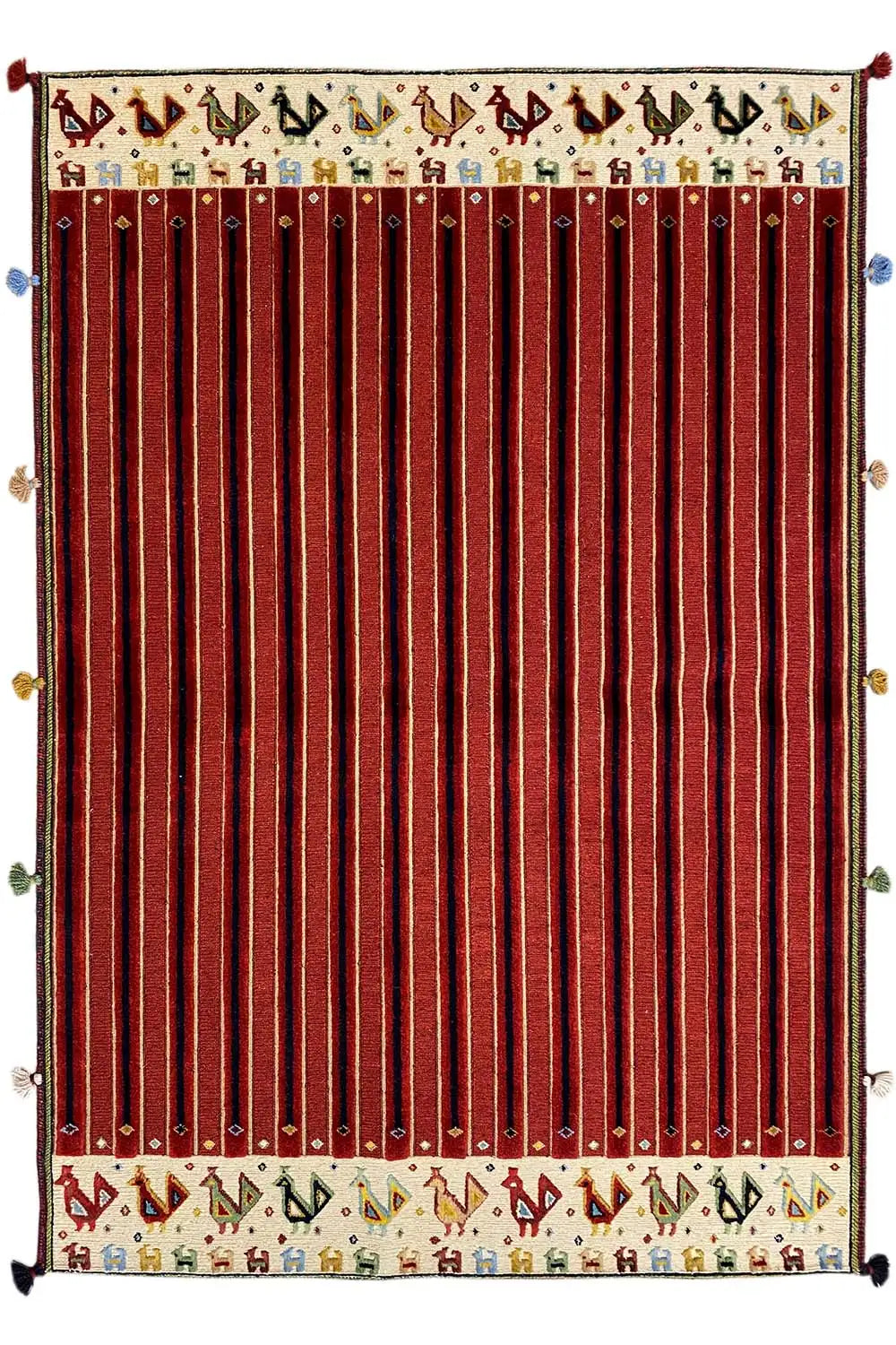 Soumak rug with vertical reddish-brown stripes and a cream-colored border with small patterns