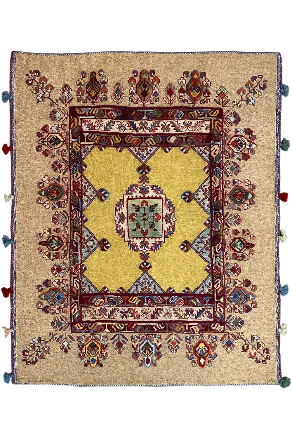 Soumakh rug 120x100 cm with central medallion, colorful border pattern and tassels