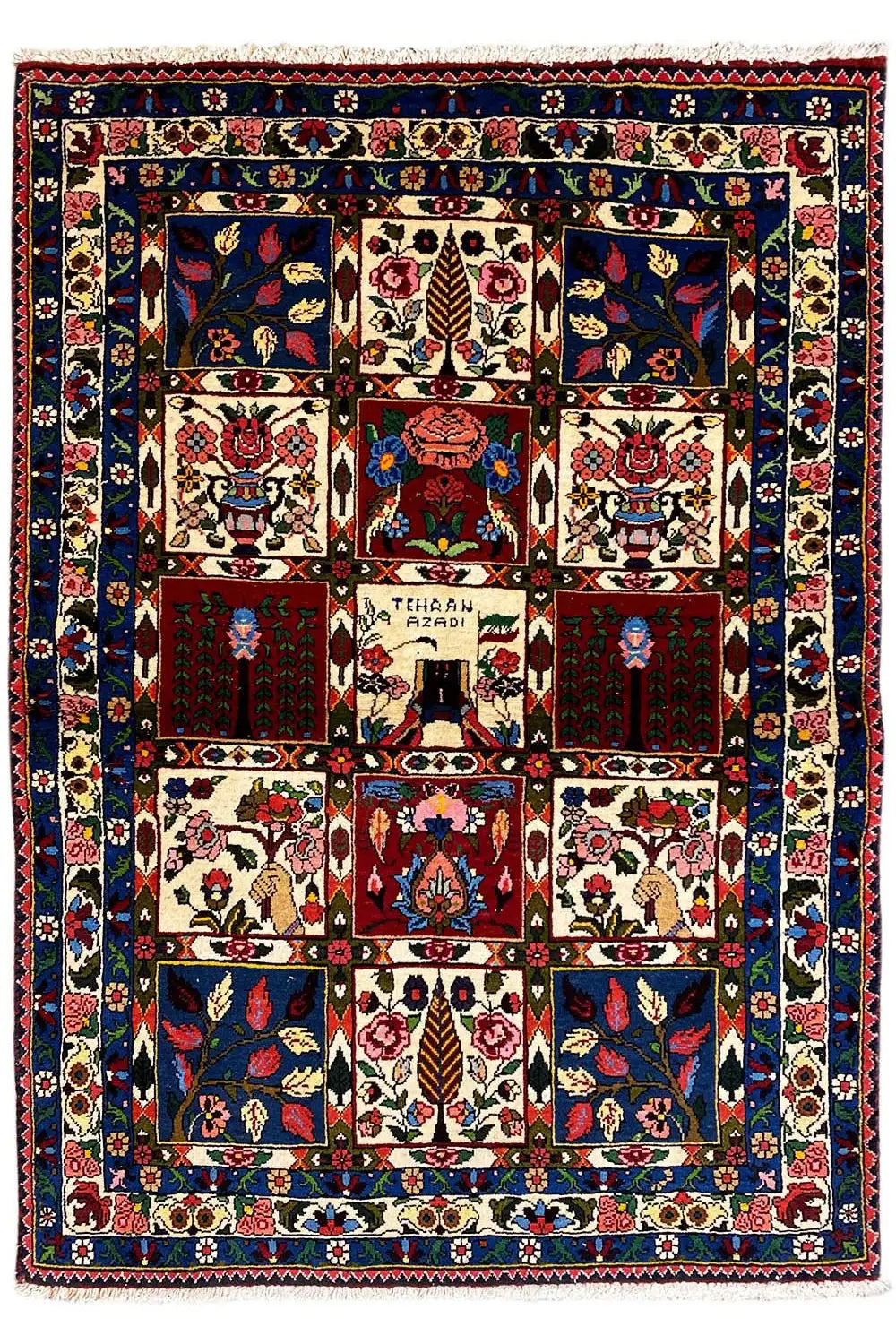Oriental rug, rectangular: uniform border with many small medallions.