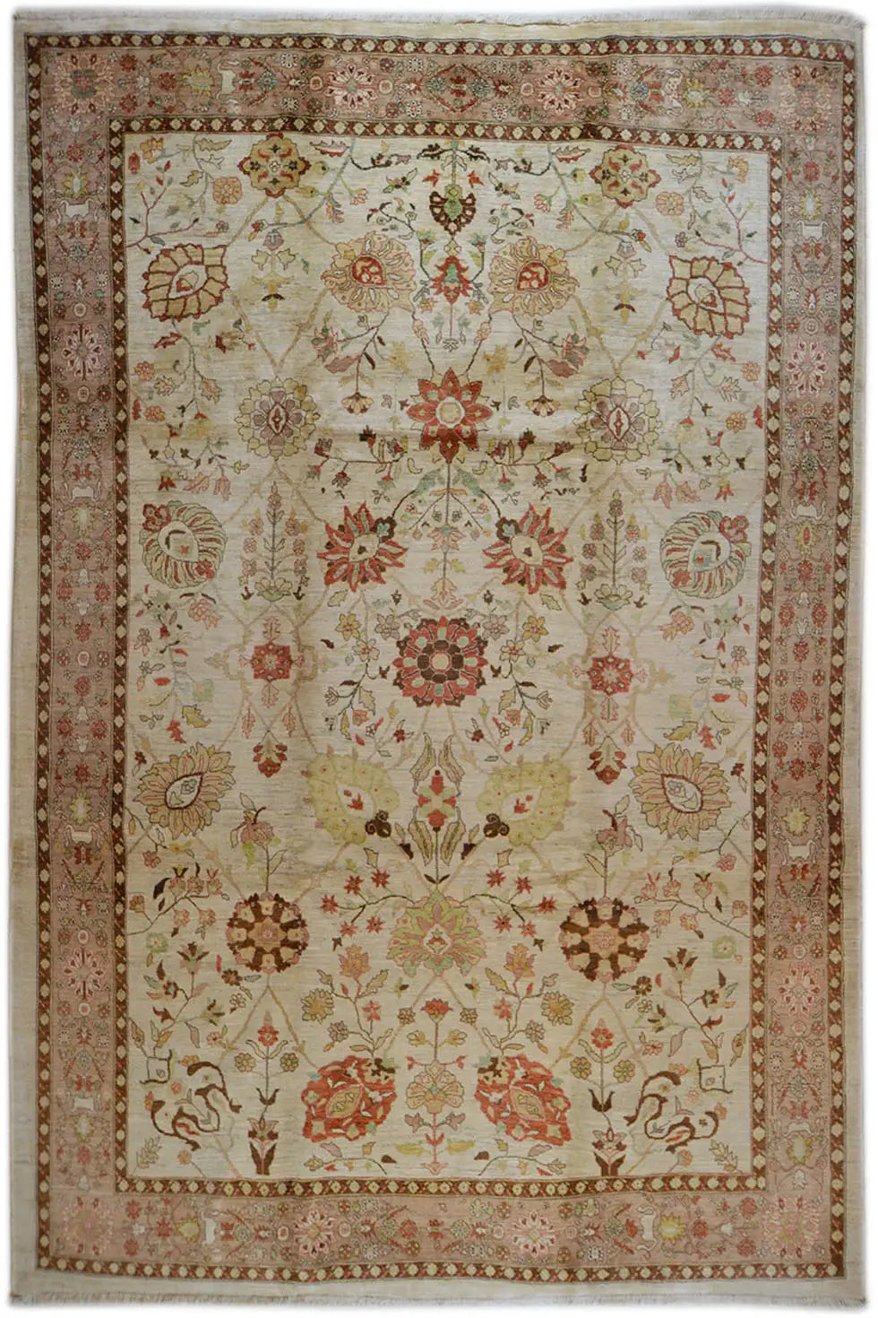 Oriental rug with a beige background, rosette-like ornaments, and a brown border