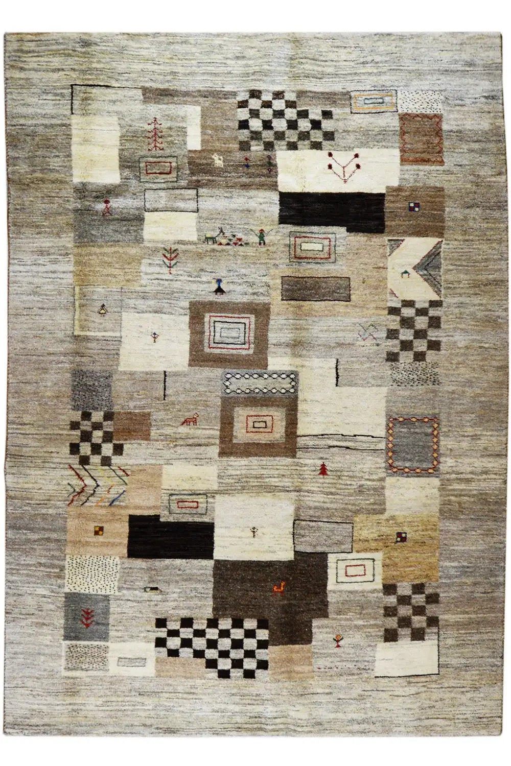 Gabbeh rug, all-over pattern of squares and rectangles in beige/grey