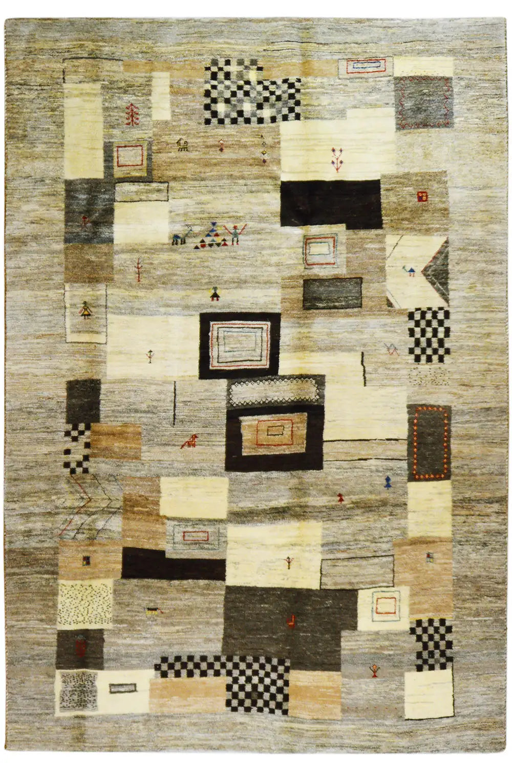 Gabbeh rug with geometric patchwork in beige, brown, and black elements