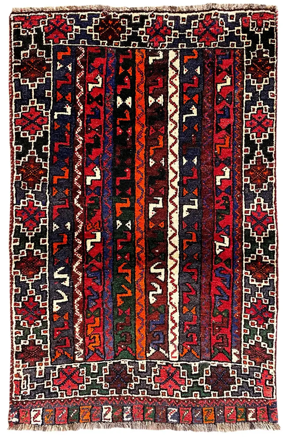 Oriental rug with a symmetrical striped pattern and ornamental motifs, dark red, blue, black