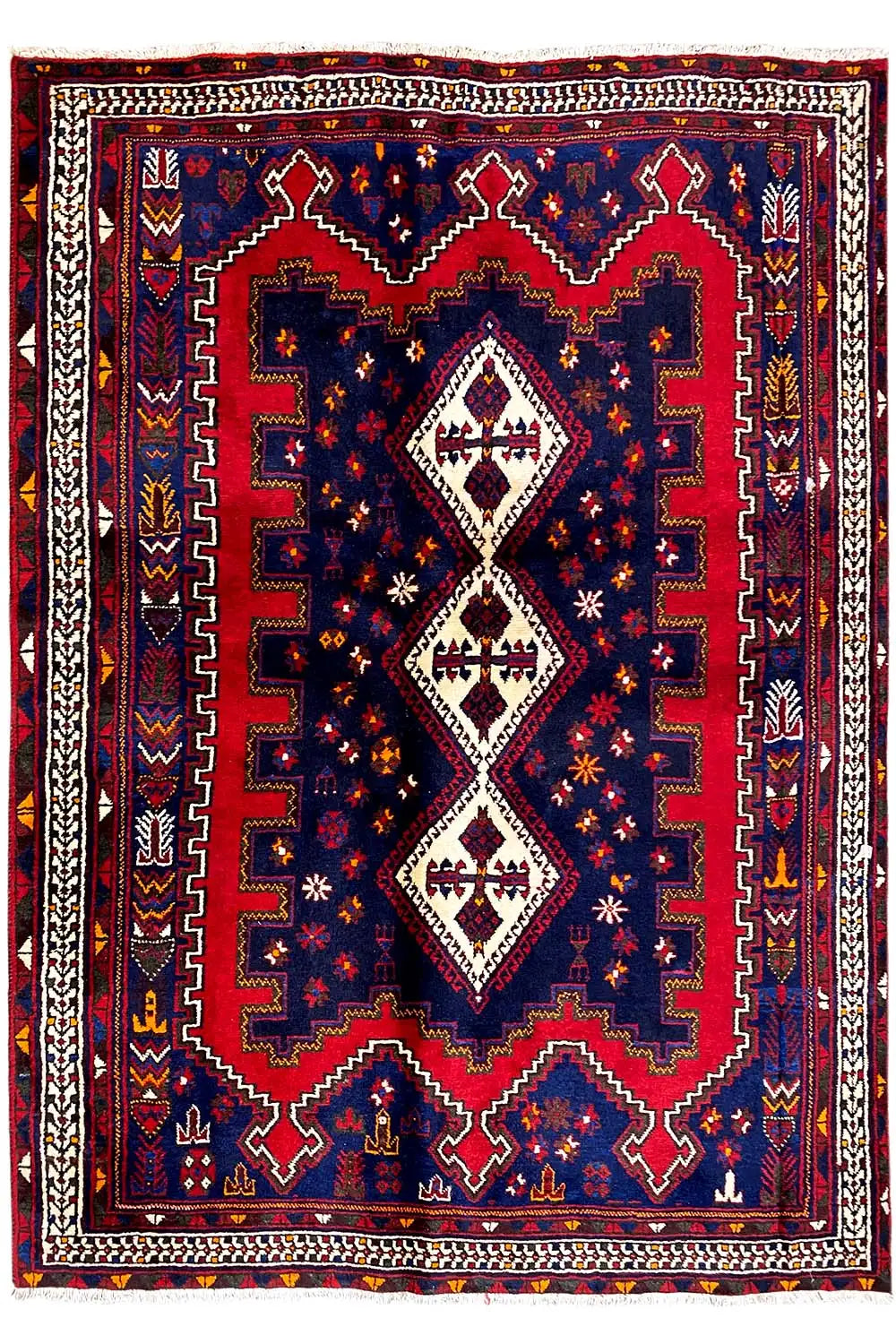 Flat-woven rug with a rectangular border and three diamond medallions