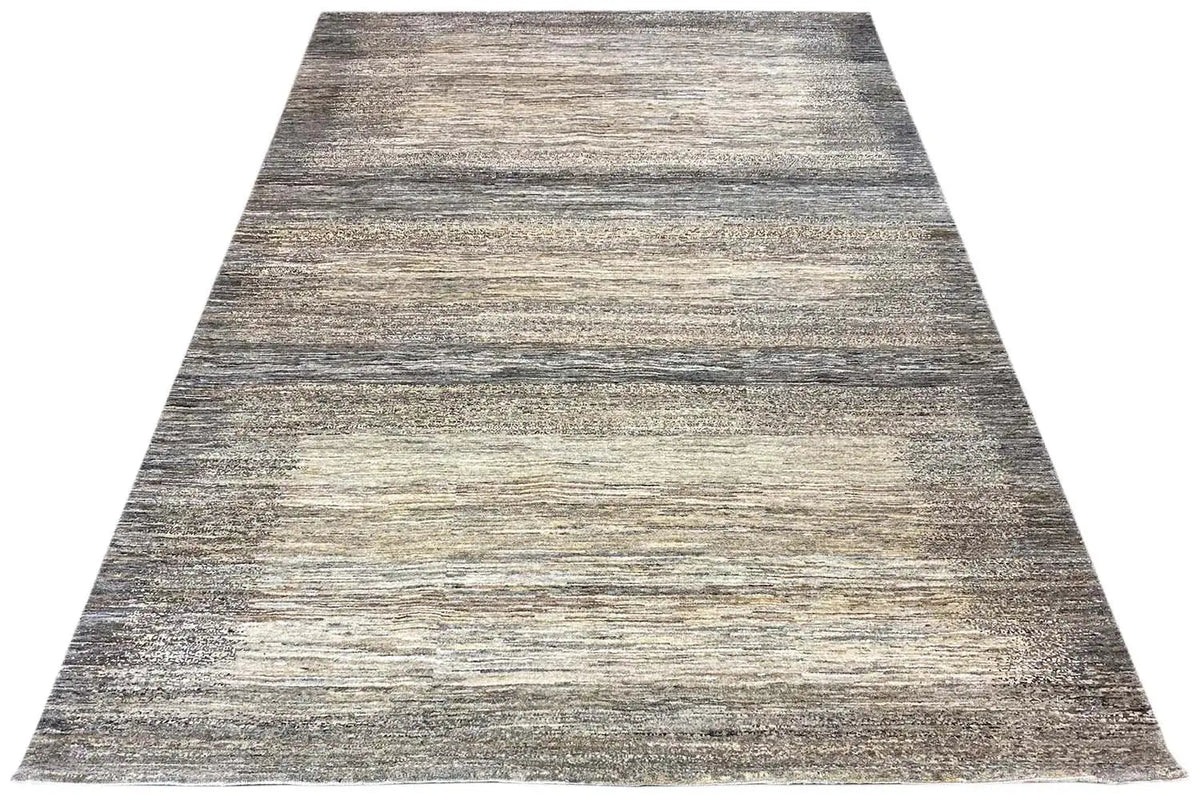 Gabbeh Lori rug with wide horizontal stripes in gray and beige, laid flat