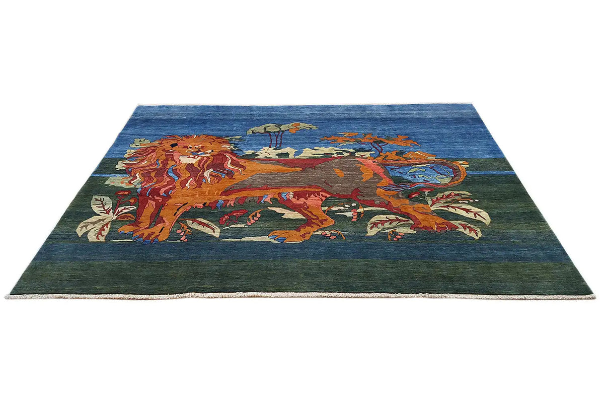 Rug with a dark green and blue background and a colorful lion motif