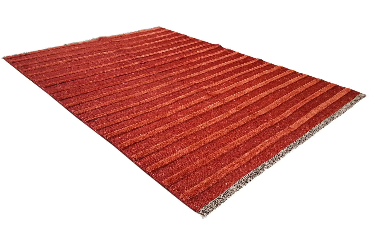Gabbeh rug 196x147 cm, diagonal view, red stripes with short pile and fringes