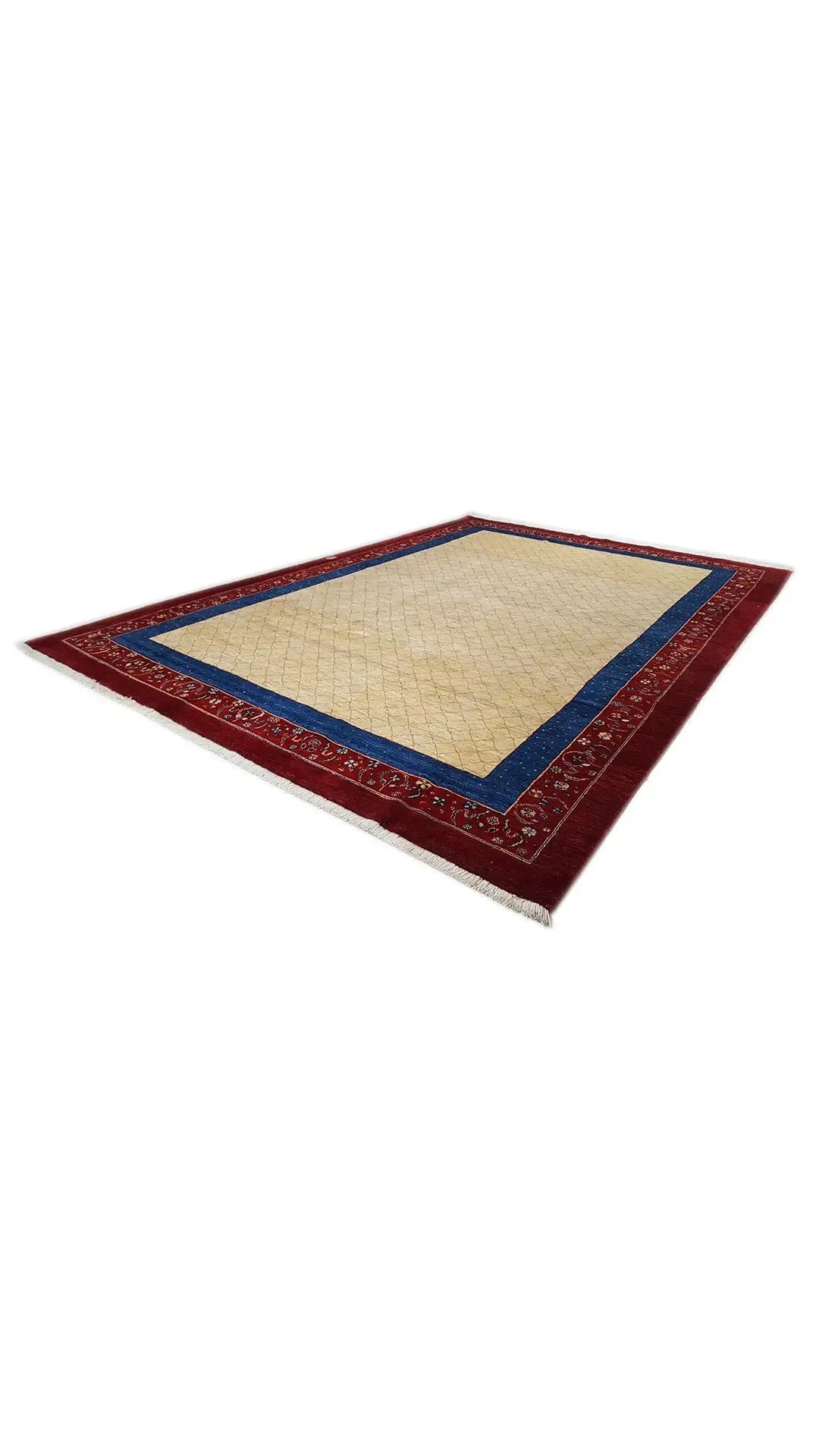 Oriental rug with a wide red border, blue accents, and a beige center