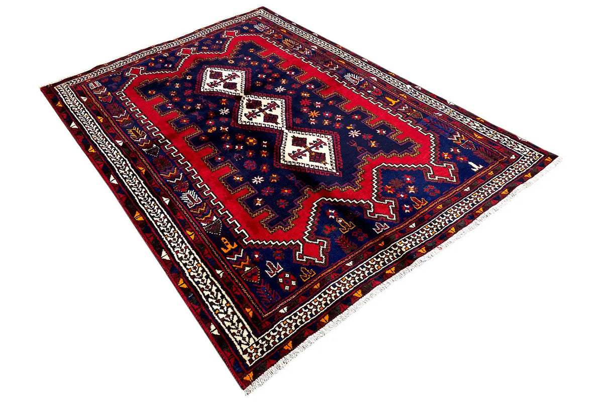 Rug 206x150 cm with a dark blue background, red border, and ornamental pattern