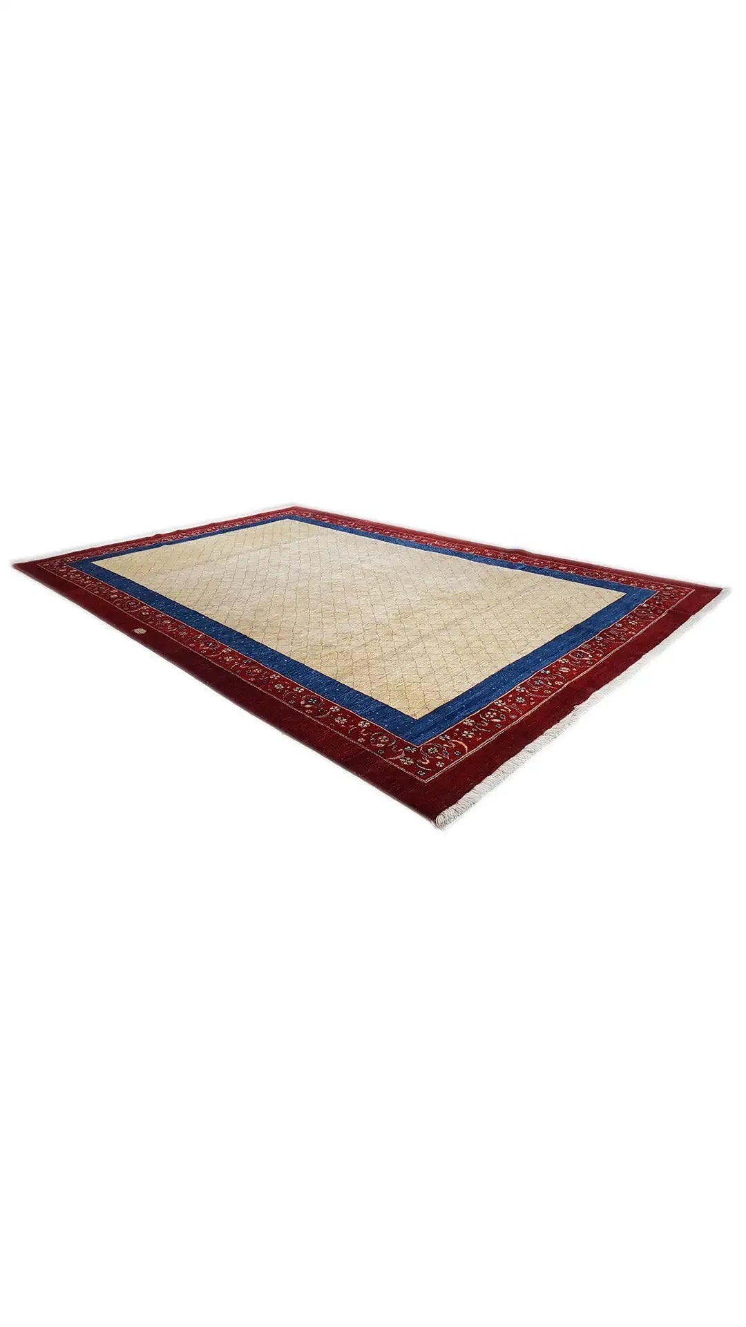 Oriental rug, diagonal view: red border with blue edging and a beige field