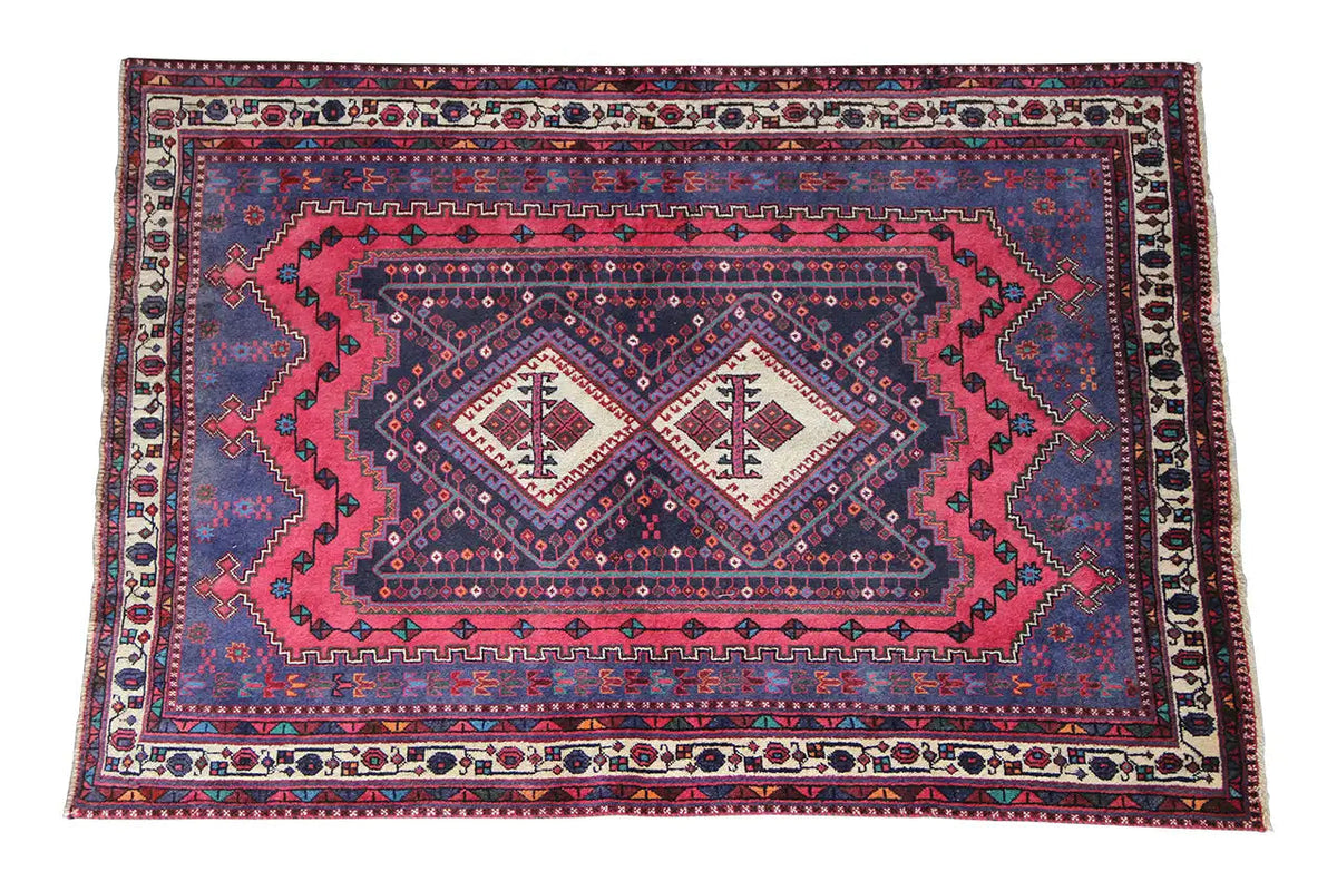 Sirjan flatweave rug, blue and red with a border and central diamond pattern