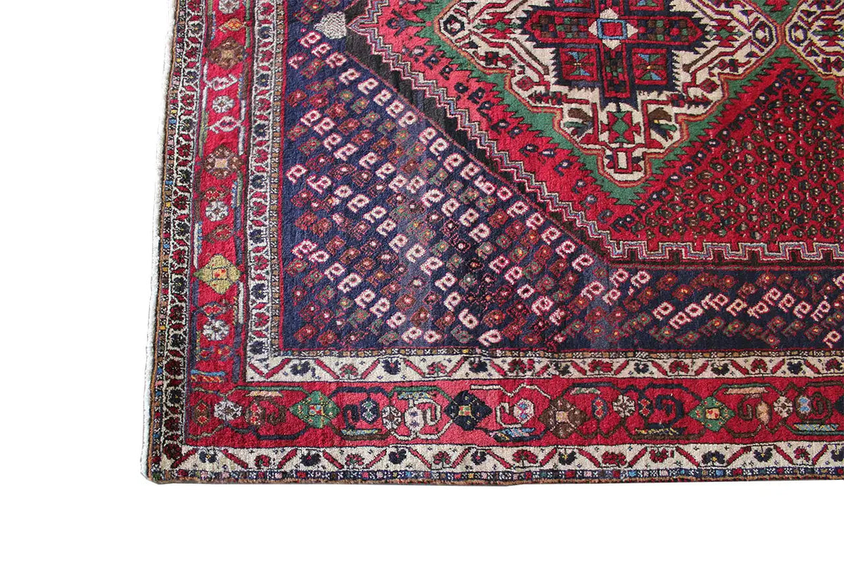 Close-up of an Oriental rug: border with an ornamental frieze and a red and blue pattern in the field.