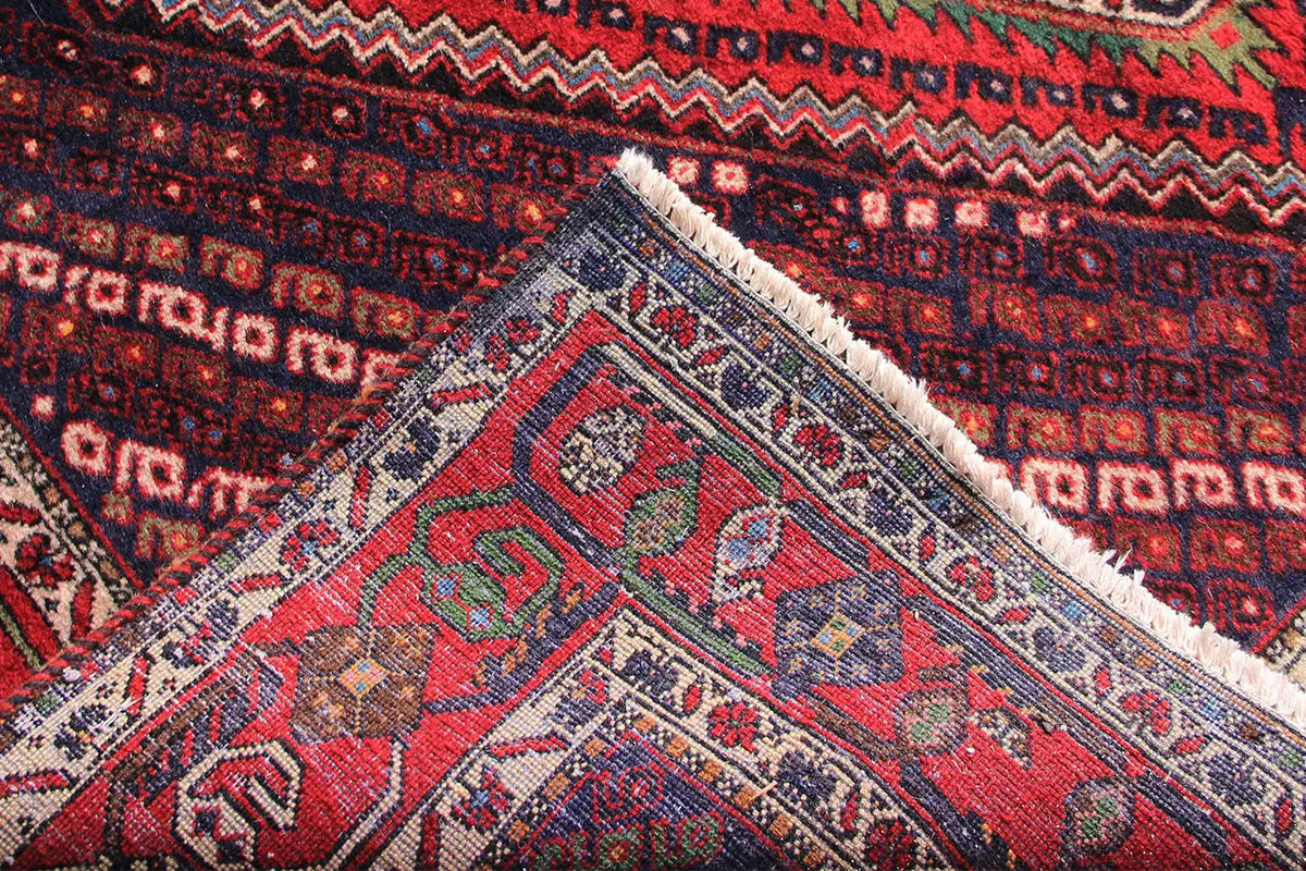 Rug detail: woven patterns in red, blue, and cream with a light-colored fringed edge.