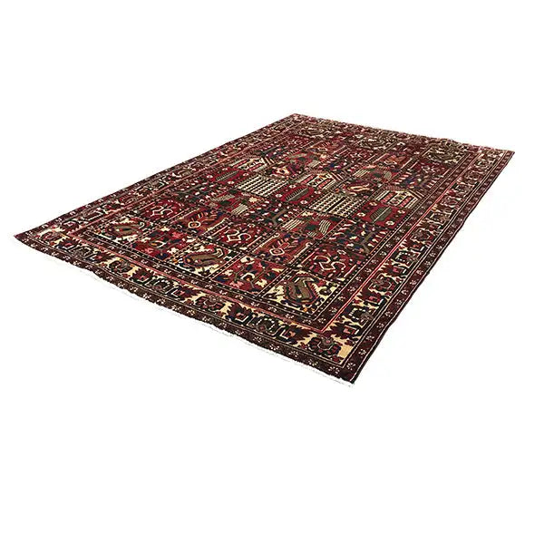 Bakhtiari oriental rug, flat-lying, dark red with delicate ornaments and border