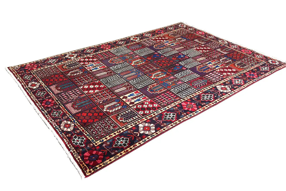 Carpet in perspective: red base pattern with blue and beige ornaments