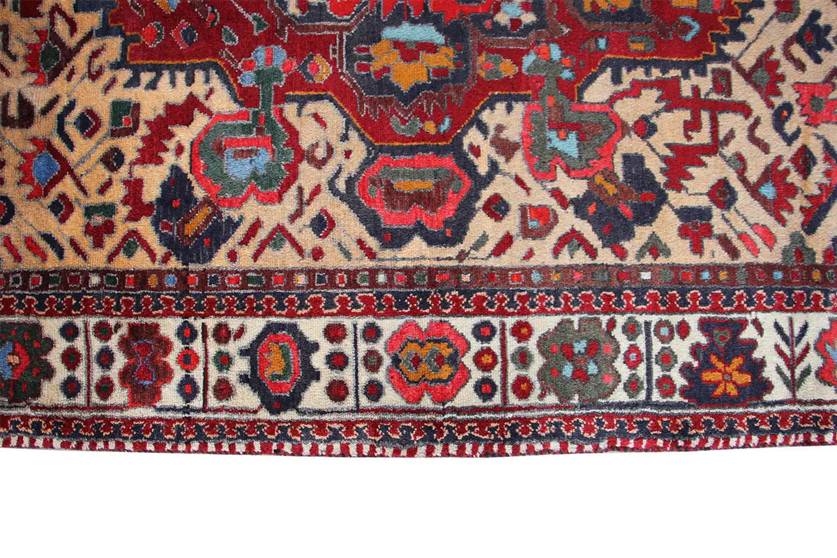 Carpet border with red, blue, and beige ornaments, fine fringed edge
