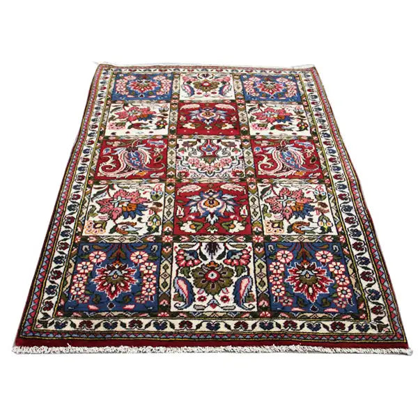 Bakhtiari rug 148x100 cm with patchwork motifs, blue, red and cream, with fringes