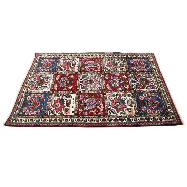 Bakhtiari rug 148x100 cm with square tiles, blue and red ornaments, cream border