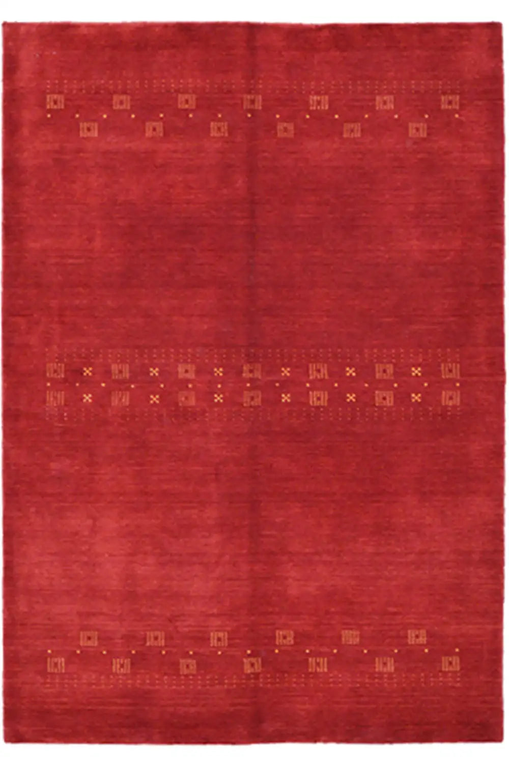 Reddish-brown Gabbeh rug with fine gold geometric bands, 245x170 cm