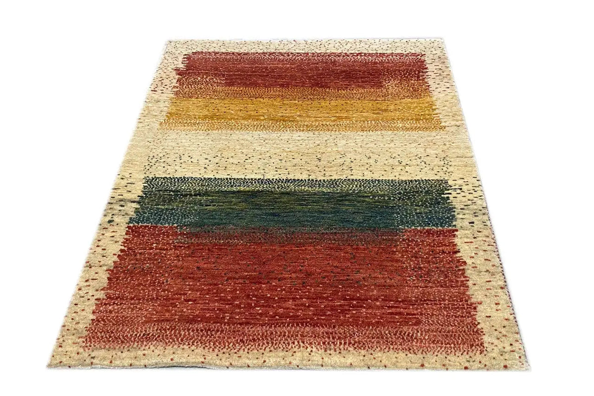 Gabbeh rug 115x79 cm with horizontal bands of color in rust red, green, and cream