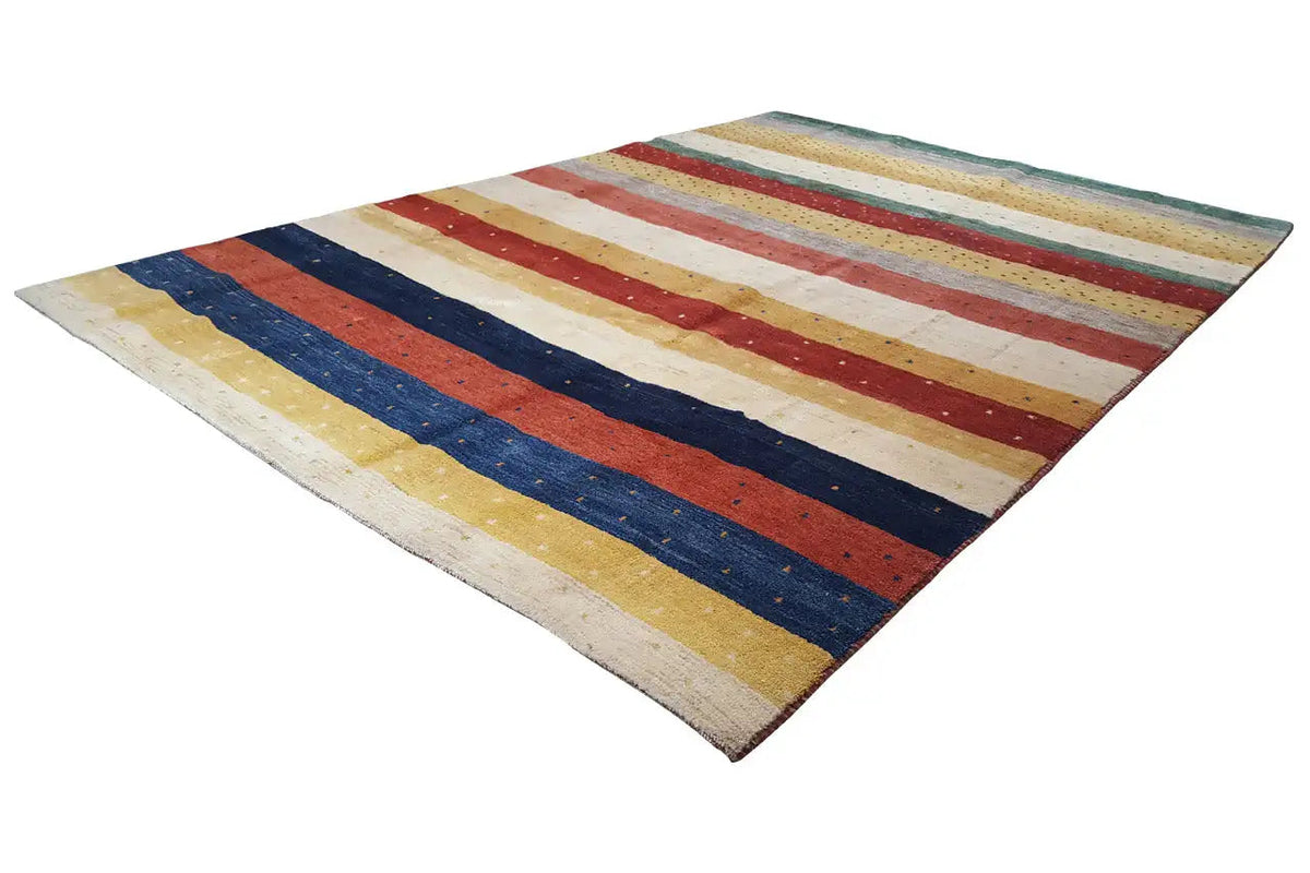 Gabbeh rug with a diagonal perspective: stripes in dark blue, red, and beige