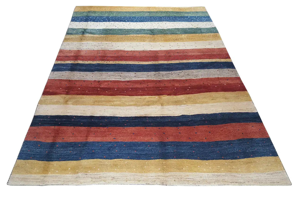 Rectangular striped Gabbeh rug, multicolored blocks in blue, red, and beige
