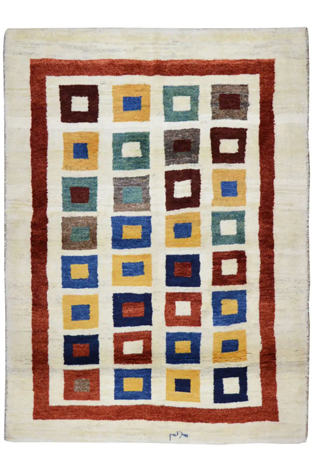 Gabbeh rug with a square pattern in cream, red, and multicolored diamonds